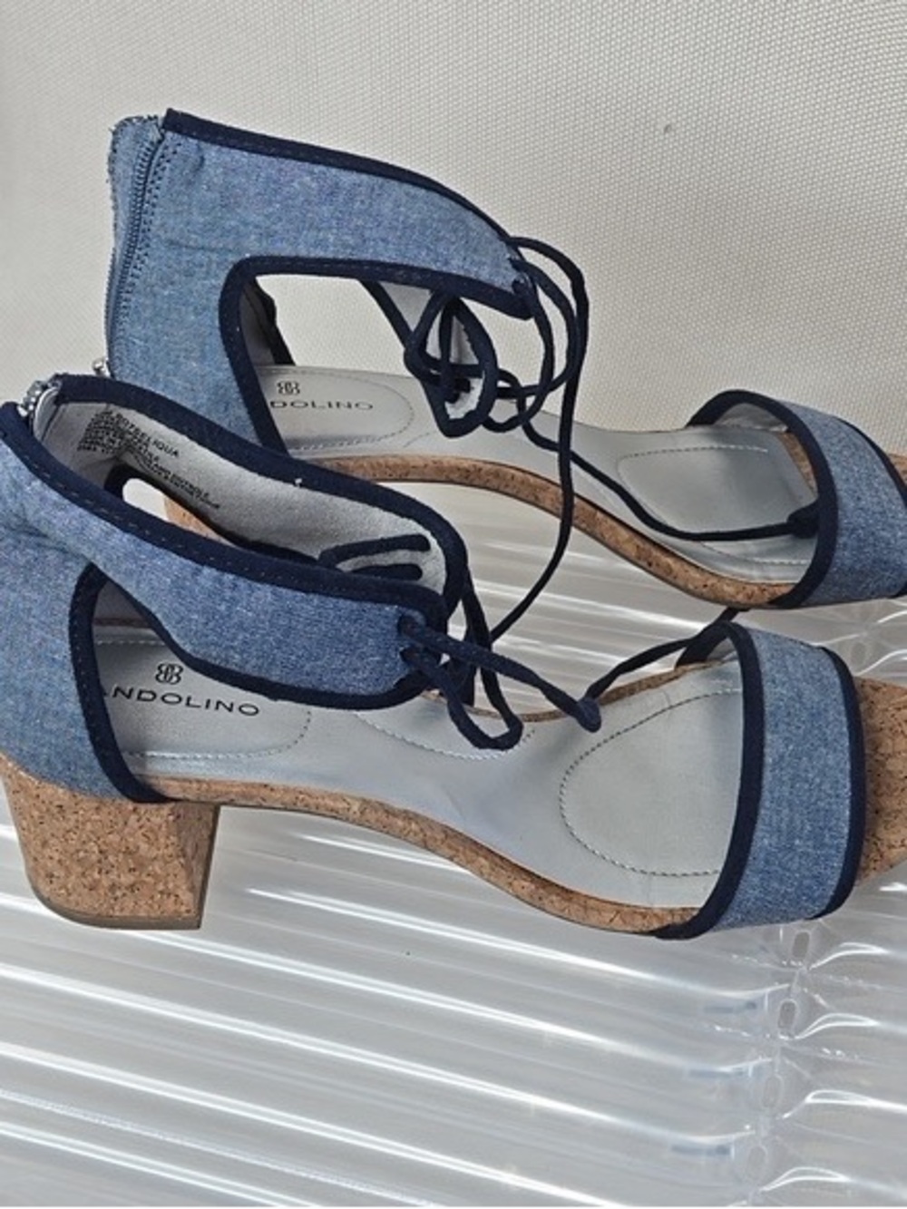 Bandolino Denim Blue Lace-Up Cork Block Heel Sandals